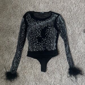 Fashion Nova Black and Silver Sparkle Feather Bodysuit Festival